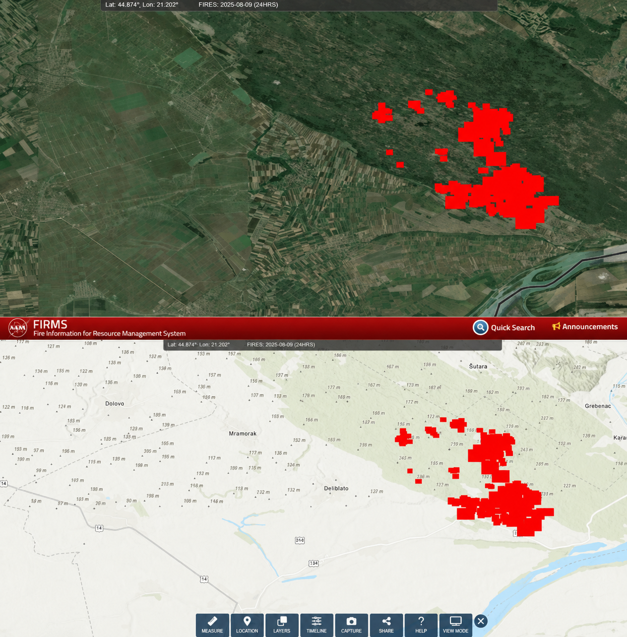 NASA FIRMS satellite fire detection near Deliblato