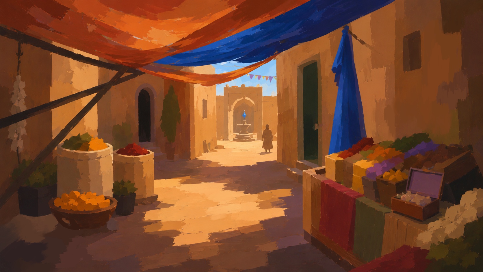 Digital painting of a warm market street