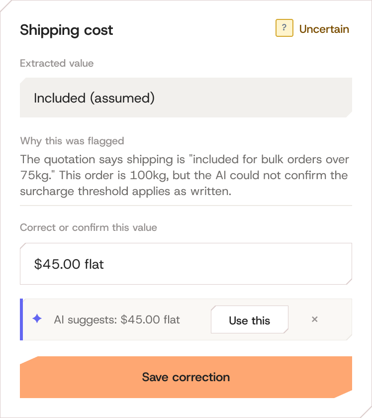 SourceWise evidence correction panel